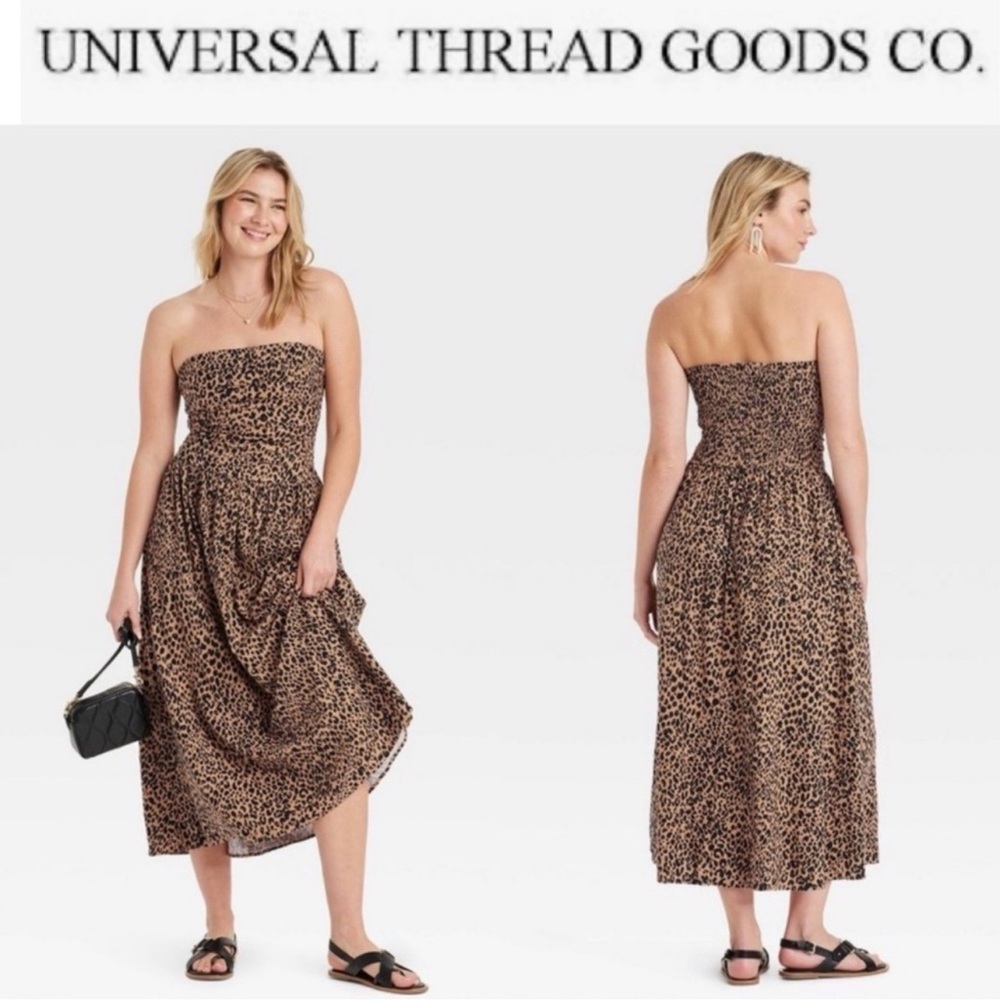 LEOPARD PRINT RUCHED COTTON LINEN MAXI STRAPLESS DRESS SIZE M NWT